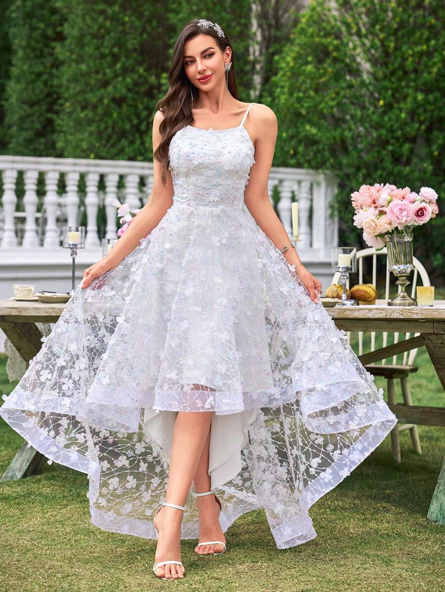 UNITHORSE 露肩、落肩、收腰、3D 花卉装饰短款婚纱，迷人优雅，新娘全白派对装女士 - 白色 - 查看 1