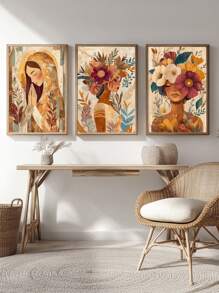 Kit 3 Frames Women Delicate Flowers Painting - Ideal Frame For Living Room, Office, - 摩卡棕 - 查看 3