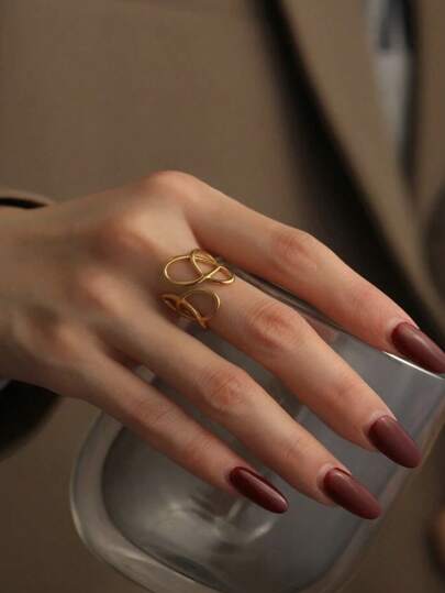 1pc Unique Asymmetrical Hollow Line Adjustable Stainless Steel Ring, Suitable For Women's Everyday, Holiday, Party Wear