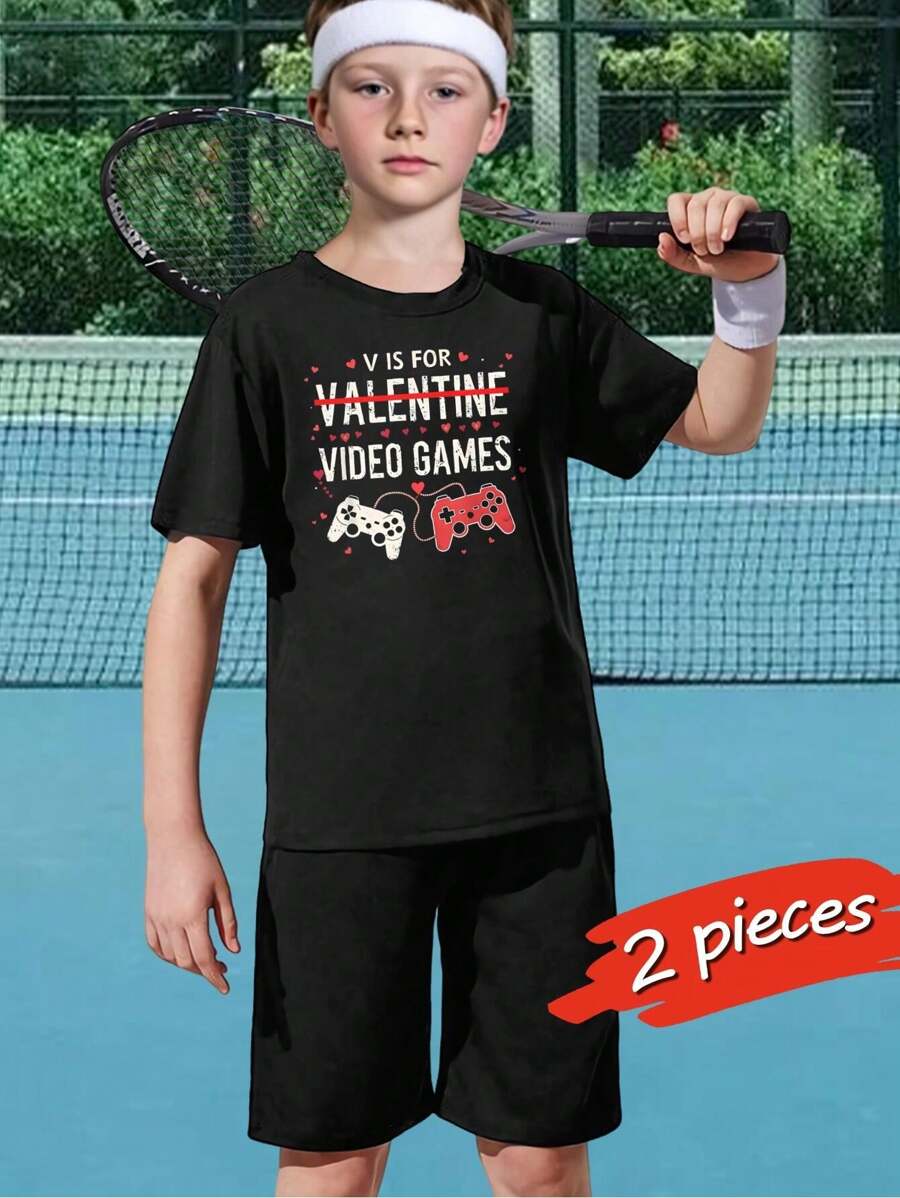 Valentine's Day Gamer Couple T-Shirts - V Is For Video Games Cute Heart Controller Design - Funny Short Sleeve Tees For Men Women Boys Girls Kids (8-12) - Perfect Gift - màu đen - Xem 1