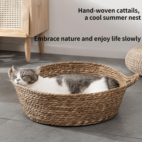 Cama redonda de vime para animais de estimação com tapete removível, casinha de cachorro, cama autoaquecida para gatos, cama para gatos, cama de palha para gatos, cama redonda de vime para gatos, cama antiderrapante e confortável para gatinhos de pequeno porte