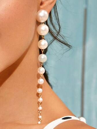 1 Pair Elegant Long Tassel & Faux Pearl Dangle Earrings, Fashion Jewelry Accessory For Party