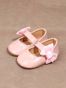 1 Pair Girls Bow PU Hook And Loop Infant Flats, Anti-Slip Prewalker Princess Shoes For Babies 0-1 Years, Christening Shoes Suitable For Spring/Autumn - Pink - View 2