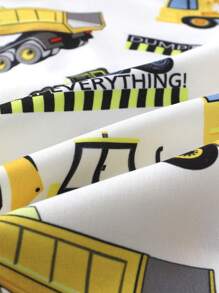 Set de 2 piezas Camisa polo de manga corta con estampado de vehículos de construcción y pantalones cortos deportivos de color liso, adecuado para uso casual, diario, vacaciones y fiestas, para niños, de algodón suave y cómodo