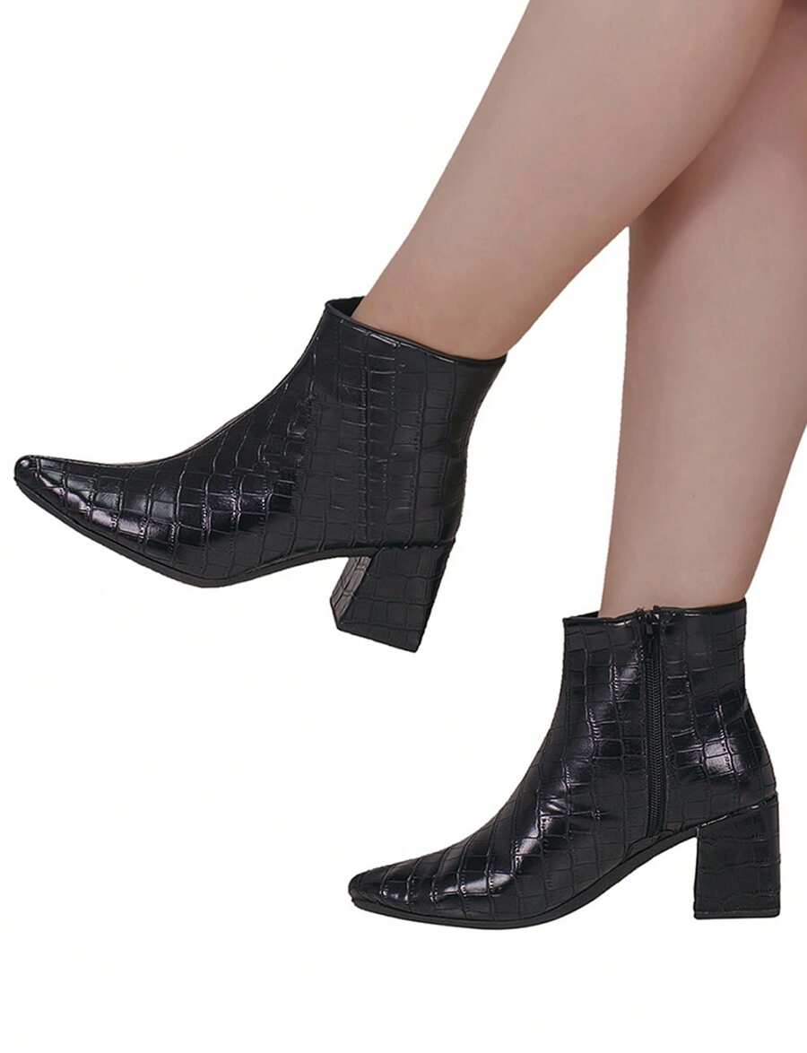 Women's Boot With Elongated Toe, Short Shaft, Shekinah Combat Boot, Side Zipper, Classic Crocodile, Black - 黑色 - 查看 1