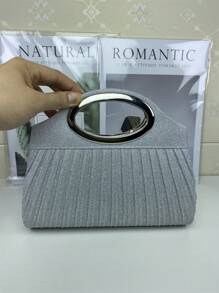 女士优雅纯色褶皱托特晚宴包，轻质涤纶磁扣，精致金属环手柄，闪亮斜挎链条肩带