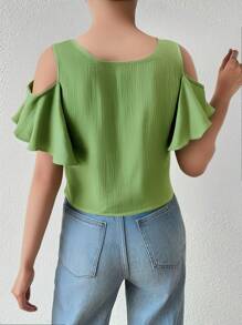 Blusa ribete con fruncido de hombros descubiertos - Verde - Ver 2