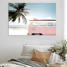 1pc Framed Canvas Poster, Pink Car With Surfboard And Palm Ocean Painting Wall Art Canvas Paintings, Ideal Gift For Bedroom Living Room Corridor Wall Art Room Decoration
