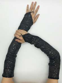 1 双优雅亮片拼接鱼鳞纹长手套，50厘米女士无指手套，春夏季