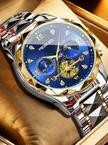 1 pieza Reloj de pulsera de cuarzo para hombres con correa de acero inoxidable, diseño de fase lunar, elegante y