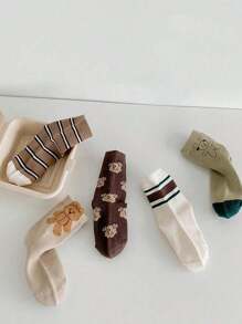 5 Pairs Cartoon Bear Striped Contrast Color Mid-Calf Socks, Cute Japanese Style Student/Casual Socks For Outdoor & Home Wear, Spring/Autumn - Multicolor - View 5