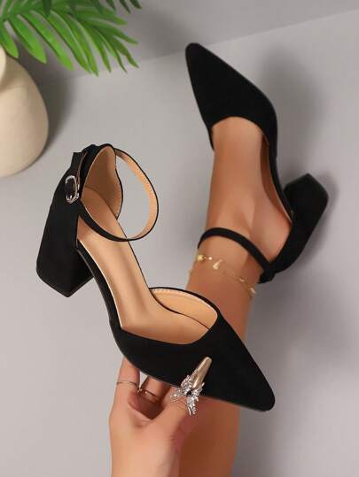 Women's High Heel Closed Toe Sandals, Fairy Style New Spring Office Work Shoes, Pointed Toe Strap Buckle Chunky Heels Mid-Heels Suede Slip-On Pumps, Summer