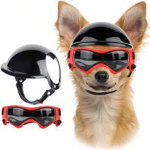 宠物头盔和防紫外线护目镜套装 - 防风宠物帽和宠物太阳镜组合，户外摩托车头盔帽和眼镜配件，适用于狗和猫