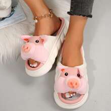 Women's Cozy Pig Slippers - Plush Animal Design With Linen Slides - Pink - View 5