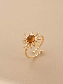 3pcs Tiger Eye Stone Sunflower Geometric Open Ring Set, Unique Elegant, Suitable For Commuting & Versatile Occasions - Multicolor - View 4