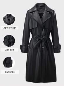 Risissida Women's Spring & Autumn PU Long Jacket, Fashionable Lightweight Windbreaker With Adjustable Waist Belt - Versatile Commuter Coat - Black - View 1