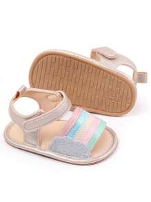 1 Pair Of Baby Sandals, Pu Leather Material, Lovely Rainbow Stripe Pattern Design, Suitable For Indoor And Outdoor Slip-Resistant Learning To Walk, Soft Flat Shoes For Infants.
