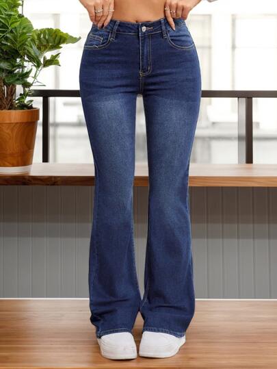 Pantalones vaqueros de mujer con bolsillo delantero y abotonado, estilo casual sencillo, campana para uso diario, Jeans acampanados elásticos, ajustados y versátiles para mujer