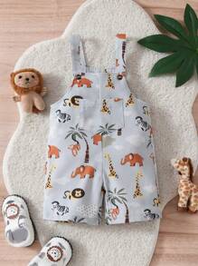 Baby Boy Fashionable Cartoon Animal Elephant, Giraffe, Zebra, Monkey, Lion Printed Casual Bib Pants, Spring/Summer