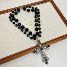 Fashionable Double Layer Bead Cross Pendant Necklace - Hip-Hop Style, Suitable For Halloween Parties And Casual Outfits, Great Gift For Her. Also Available In Single Layer. - Black - View 3
