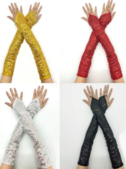 1 Paio di eleganti guanti lunghi senza dita da donna per primavera ed estate, con motivo a sequin e a scaglie di pesce, lunghezza 50cm