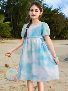 青少年女孩扎染印花露肩公主沙滩裙，度假风格 - 藍色 - 查看 5