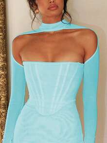 Double Layer Long Sleeve Mesh Fitted Maxi Dress, Women's Party Gown, Cocktail Dress - Baby Blue - View 2