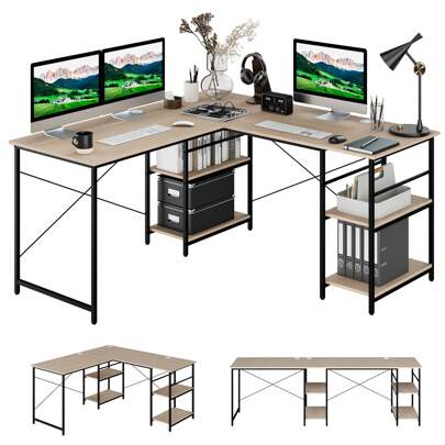  ERGOMASTER L-Shaped Desk Wooden Industrial Corner PC Desk For 2 Person Wirh Shelves Workstation