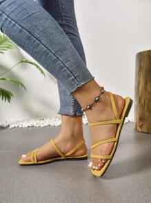 新款时尚女士拖鞋，时尚休闲罗马风格一脚蹬凉鞋，颜色有黑色、米色、棕色、咖啡色、橙色，休闲平底拖鞋，纯色厚织舒适沙滩凉鞋，博主推荐厚底凉鞋，夏季沙滩鞋，优雅扣环低跟圆头拖鞋，防臭防滑简约鹿皮绒面革户外拖鞋，百搭平底一脚蹬鞋，女士平底凉鞋建议选择大一码 - 黃色 - 查看 6