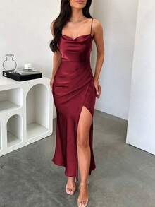 Look Polly 女士夏季连衣裙，纯色真丝吊带连衣裙，适合婚礼、秋季、露肩正式舞会、优雅性感露腿连衣裙、返校节、约会以及独特的红色长款婚纱。