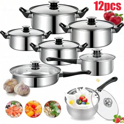 12pcs Non Stick Stainless Steel Cookware Saucepans Cooking Pots Pan (6 Pot + 6 Lid)With Lids Set