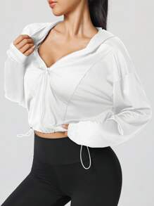 Women's Drawstring Hem Hooded Short Jacket, Casual Sporty Zip-Up For Running, Fitness, Yoga