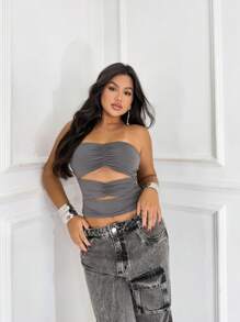 Strapless Summer Crop Top With Ruffles And Opening On The Belly Summer Top - Màu xám đen - Xem 1