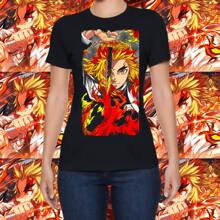 Black Combed Cotton Casual T-Shirt For Women And Men With Rengoku Anime Print - 黑色 - 查看 4