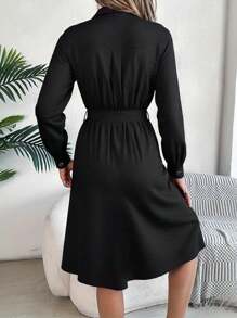 Women Collar Plain Solid Pockets Buttons Belted Mini Shirt Dress Ladies Long Sleeve OL Office Work Casual Loose Dresses - Black - View 3