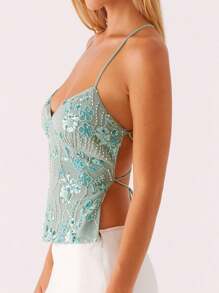 Women Y2K Aesthetic Tops Backless Camisole Summer Fairycore Flower Embroidered Tank Top Sleeveless Slim Crop Tops V-Neck Back Tie-Up Tops Halter Tops For Party Club Fairy Going Out Tops - màu xanh lá - Xem 5