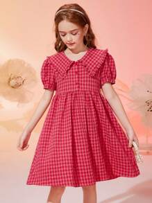 ASK JUNIOR Vestido casual de verano con mangas abullonadas a cuadros para niñas preadolescentes
