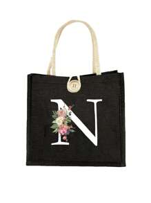 Letter Pattern Handbag Floral Print Linen Handbag Button Decorated Handbag Minimalist Large Capacity Handbag Portable Casual Storage Handbag - Black - View 16