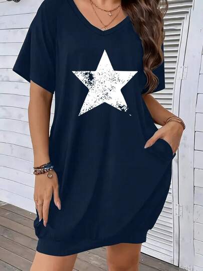 Plus Size Women's Pentagram Print Pocketed Casual Dress Elegant Summer