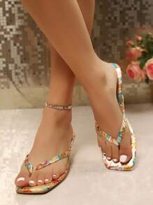 Summer New Soft Leather Square Toe Sandals, Cat Ear Heel Slip-On Flip Flops, Versatile Stilettos Thong Sandals For Women