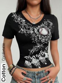 Goth Ladies Baseball Bud Slogan T-Shirt Print - Black - View 7