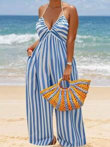 Women's Light Blue Striped Casual Wide Leg Halter Neck Backless Tie Bow Jumpsuit,Tropical Vacation Woman Clothes,Brunch Outfits For Women,Beachwear,Summer Outfit,Boho