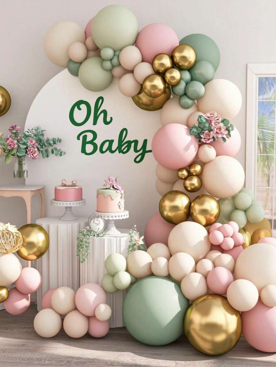 66/111 Stück Salbeigrün und Rosa Ballon Bogen Set, Blush Pastellrosa und Grün Girlande mit weißen, sandigen, metallisch goldenen Ballons für Boho Waldland Hochzeit, Dschungel Geburtstags Party Dekoration - Verschiedenfarbig - Übersicht 1