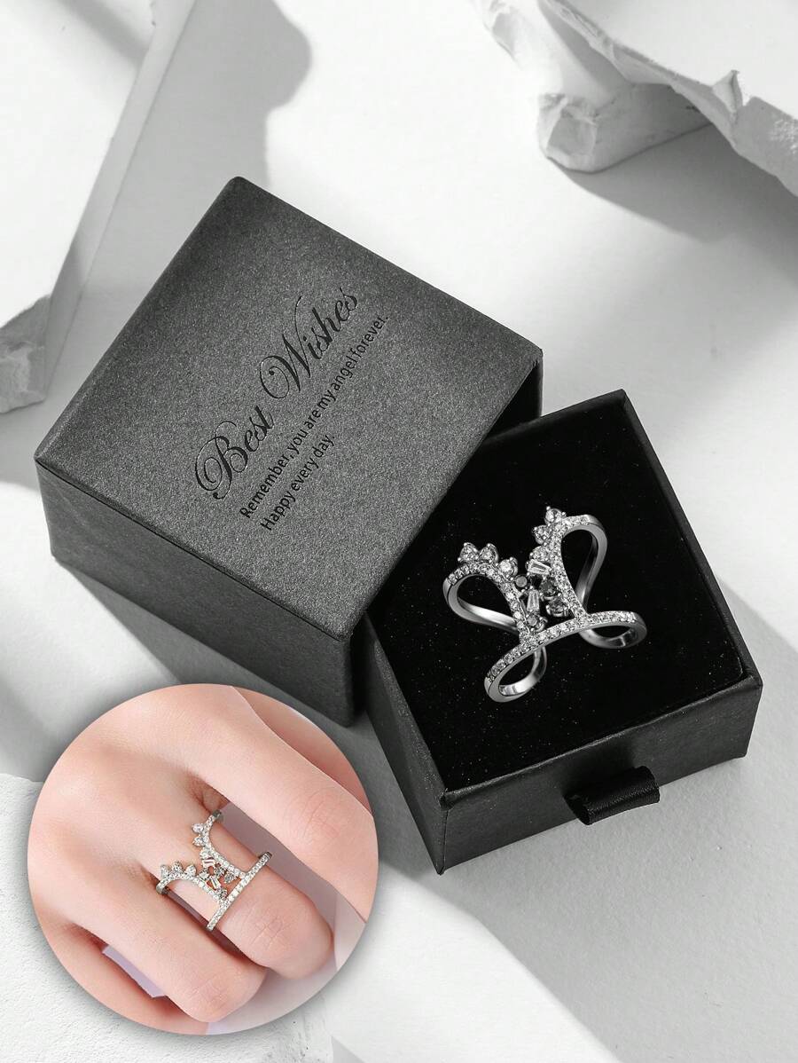 Elegant Asymmetrical Fully Cubic Zirconia Statement Ring, Women Jewelry For Engagement Party, Wedding, And Holiday Gifts - Silver - View 1