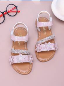 Mädchen Sommer Sandalen, elegantes Blumenmuster, modische flache Prinzessinnenschuhe, lässige Strandpantoffeln, geeignet für tägliche Ausflüge - Pink - Übersicht 1