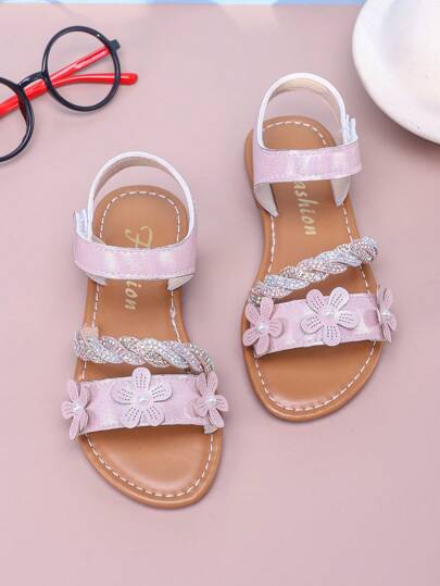 Girls Summer Sandals, Elegant Floral Design, Fashionable Flat Princess Shoes, Casual Beach Slippers, Suitable For Daily Outings
