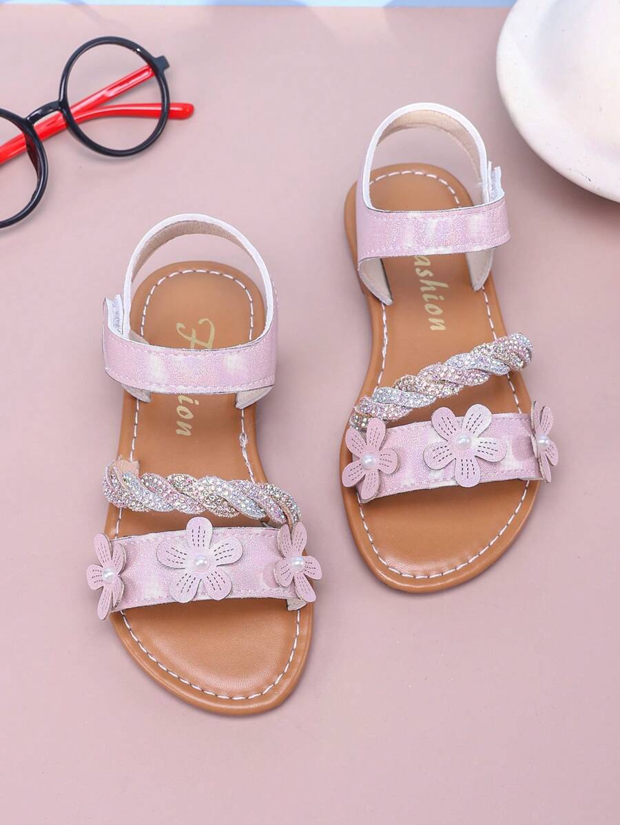 Mädchen Sommer Sandalen, elegantes Blumenmuster, modische flache Prinzessinnenschuhe, lässige Strandpantoffeln, geeignet für tägliche Ausflüge - Pink - Übersicht 1