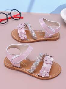 Mädchen Sommer Sandalen, elegantes Blumenmuster, modische flache Prinzessinnenschuhe, lässige Strandpantoffeln, geeignet für tägliche Ausflüge - Pink - Übersicht 5