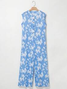 Acelitt Bộ jumpsuit dáng rộng không tay, cài nửa cúc, in họa tiết hoa lưu ly, kiểu dáng thanh lịch mùa hè. - Màu xanh lam - Xem 3