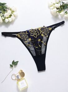 Sexy Lingerie Panties Embroidery Transparent Thong Adjustable Waist Ring Decor Lace Women Underwear, Low Rise, Hot